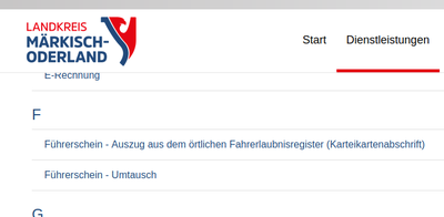 Ausschnitt aus dem Stichwortverzeichnis der angebotenen Dienstleistungen. Der Punkt "Führerschein – Umtausch" ist zu sehen.