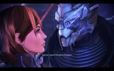 Shephard und Garrus beim Tanzen. Er bezichtigt sie der "Leeren Versprechungen".